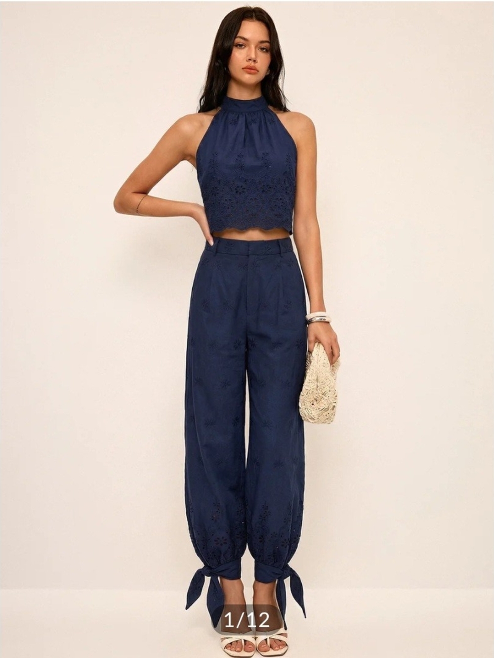 NWT Commense Navy Eyelet Embroidery Top & Tie-Cuff Pants Set, Large